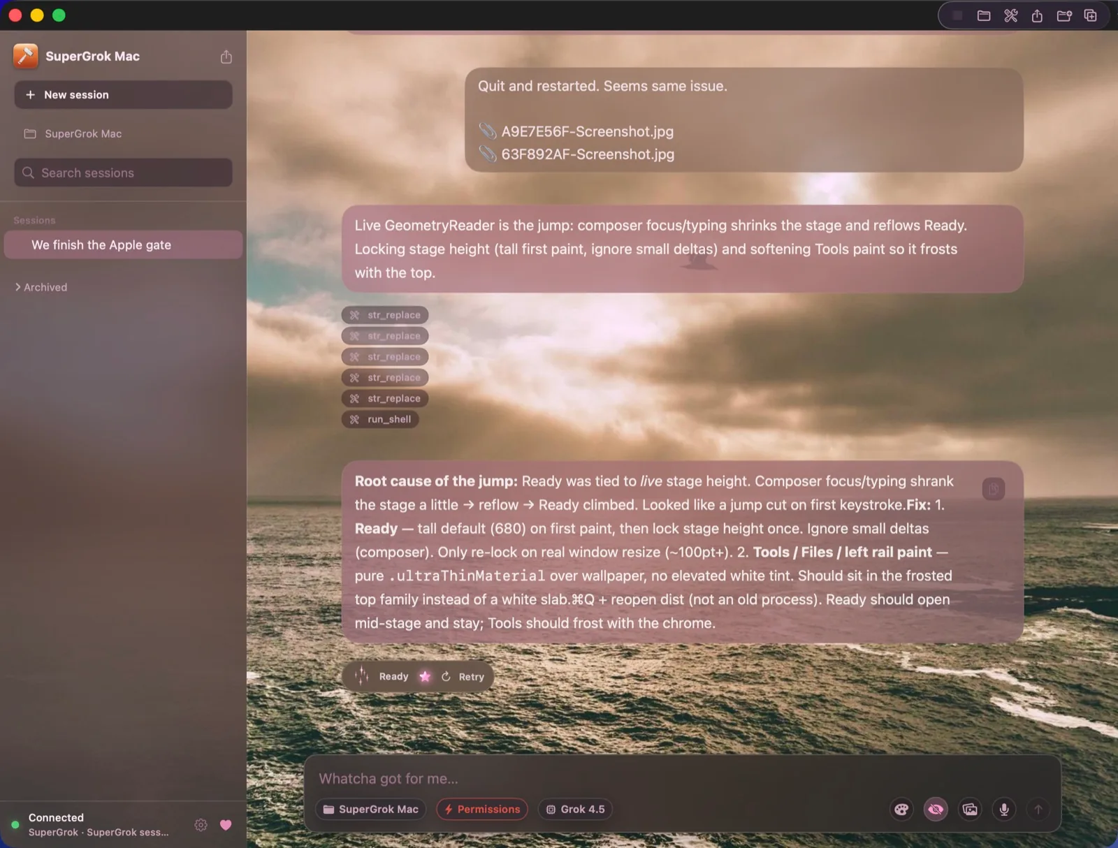 SuperGrok Mac live: glass sidebar and frosted composer floating over a storm-lit ocean wallpaper while Grok runs real tools