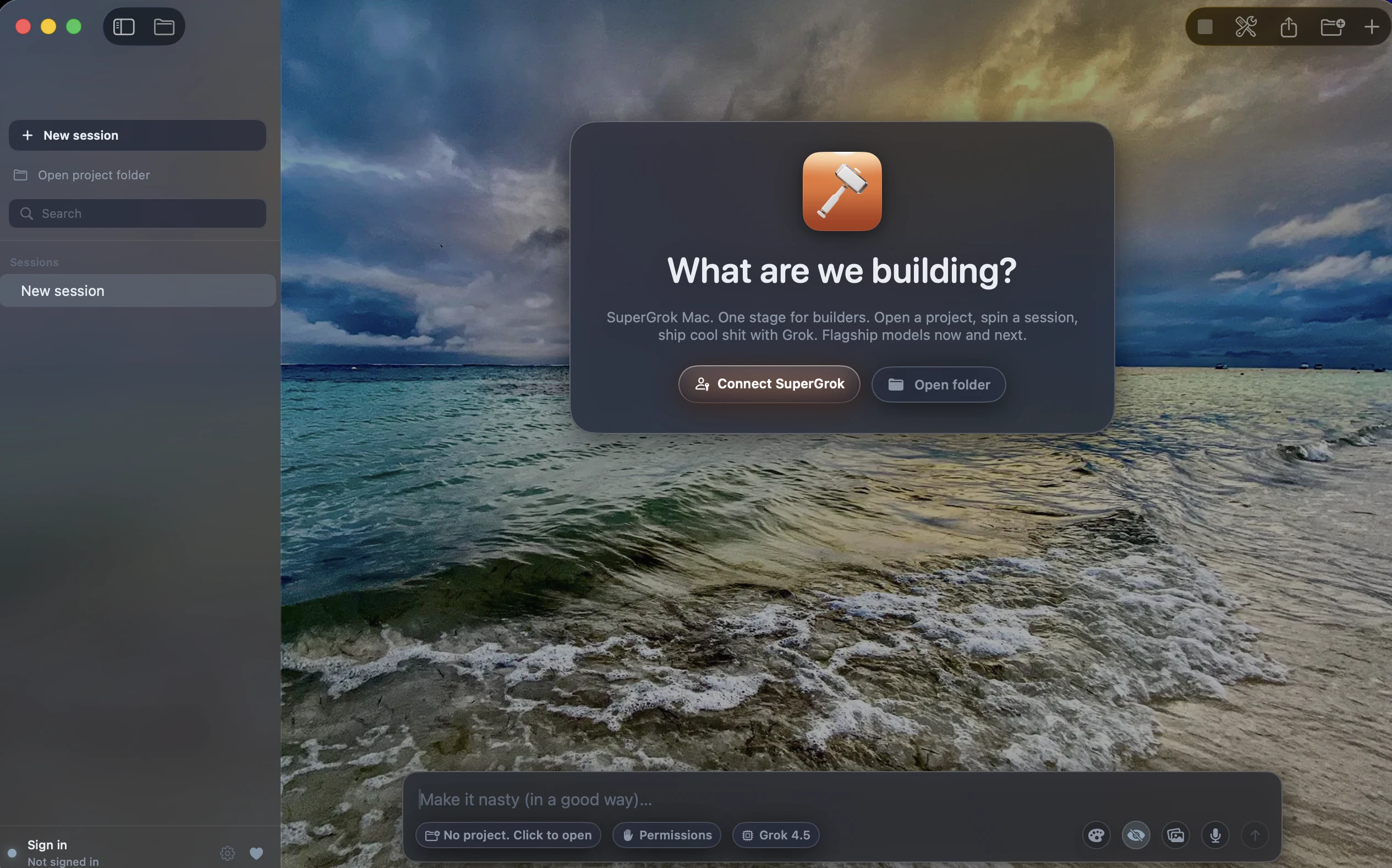 SuperGrok Mac on first launch: Storm Over Cozumel fills the stage behind the What are we building card and the Grok 4.6 composer