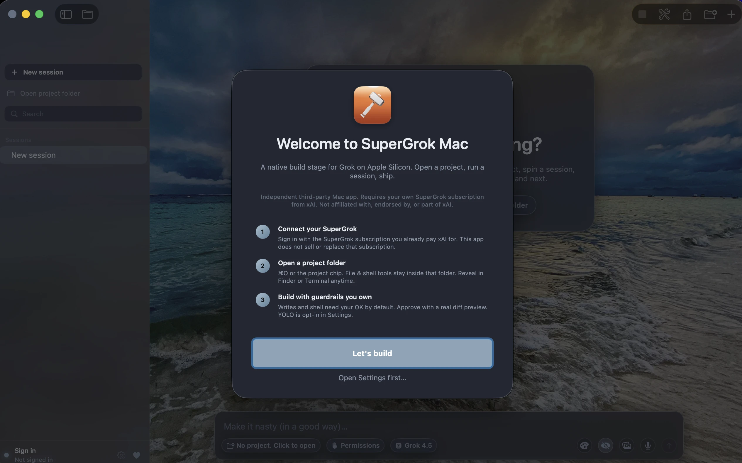 SuperGrok Mac welcome card over the storm stage: connect your SuperGrok, open a project folder, build with guardrails you own