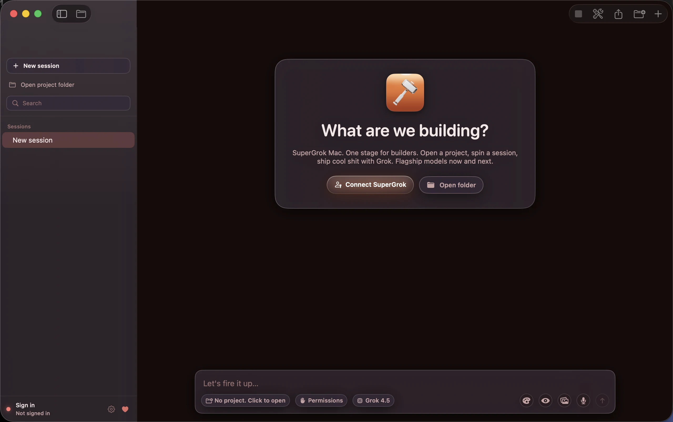 SuperGrok Mac in the Ember Red skin with the stage art off: the whole app runs warm ember, no image
